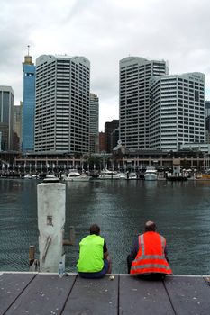 two workers having lunch break in Darling Harbour