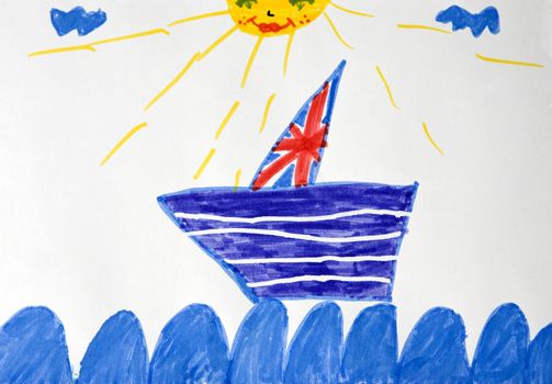 child`s picture. Boat and sea. White background