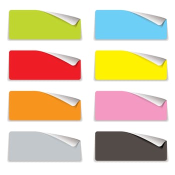 Collection of eight colorful tags with corner curl and shadow