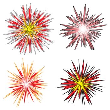 Four various explosions with cartoon style fire in bright colors