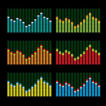 Collection of six graphic equalisers in various color variations