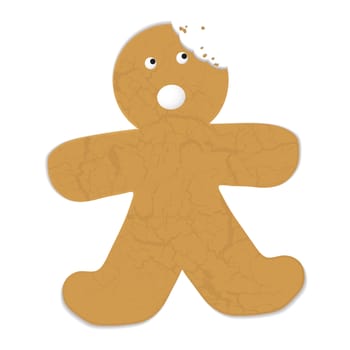 Gingerbread man with a bite out of his head and startled expression