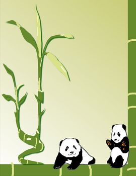 Two baby pandas happily sit surrounded by bamboo - a raster illustration.