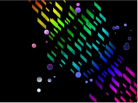 Multi-colored trapezoids and bubbles float on a black background - a raster illustration.