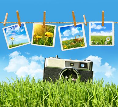 Tall grass with old vintage camera and pictures on clothesline