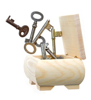 Keys out of wooden box on white background