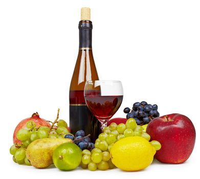 Still life of fruit and wine isolated on white background