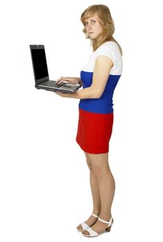 A woman holds a notebook isolated on white background