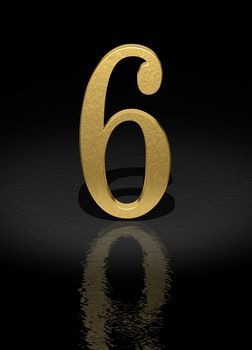 6 Gold Number on black background - 3d image
