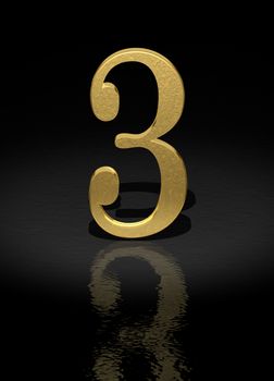 3 Gold Number on black background - 3d image