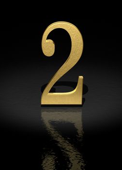 2 Gold Number on black background - 3d image