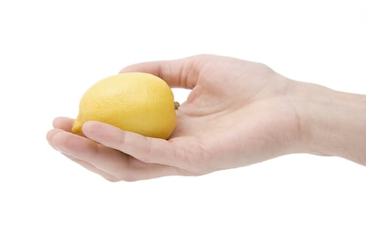 Yellow lemon on a man's palm on a white background