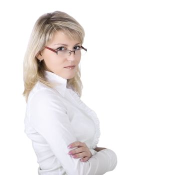 The business young woman in eyeglasses on a white background