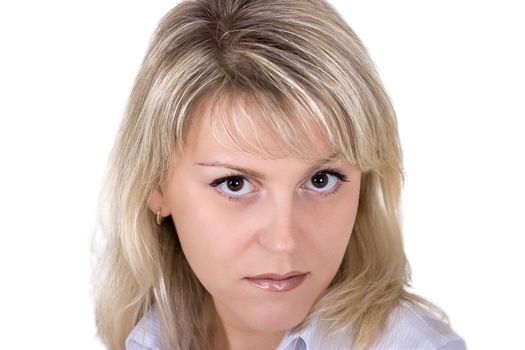 Portrait of the girl of the blonde on a white background