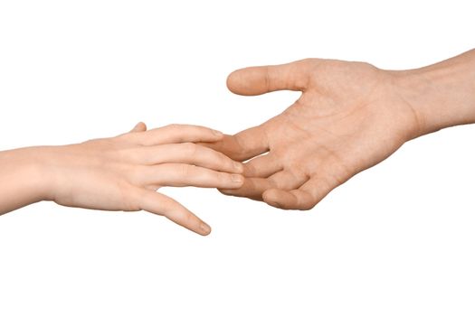 The man's hand holds a hand of the child on a white background