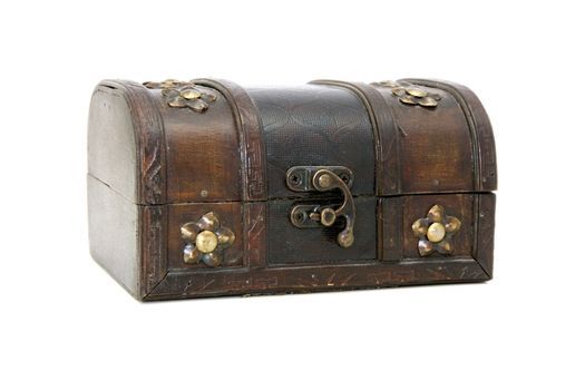 The closed wooden casket on a white background