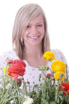 Blond woman hiding behind colorfoul flowers isolated on white background