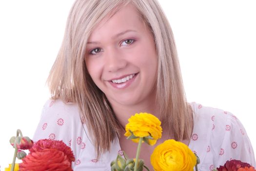 Blond woman hiding behind colorfoul flowers isolated on white background