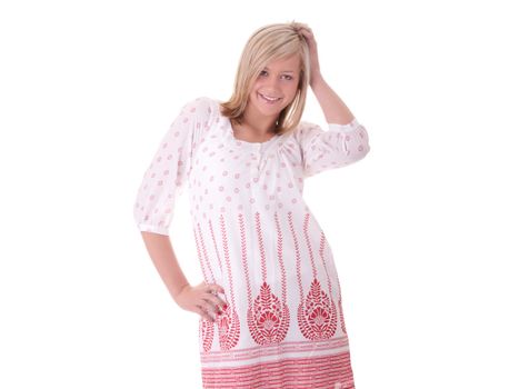 Young female in summer dress isolated on white background