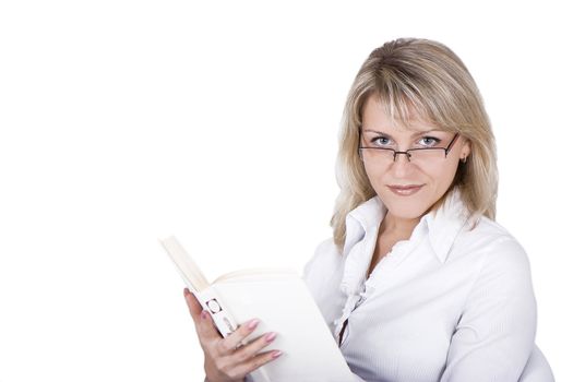 The blonde in eyeglasses with the book in hands