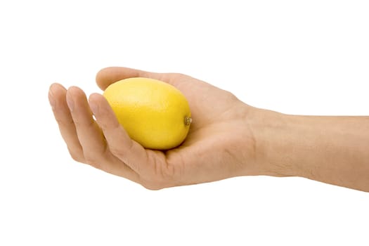 Yellow lemon on a man's palm on a white background