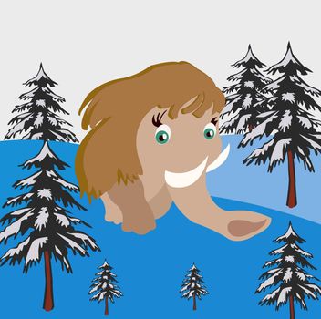 Prehistorical animal mammoth goes on winter wood