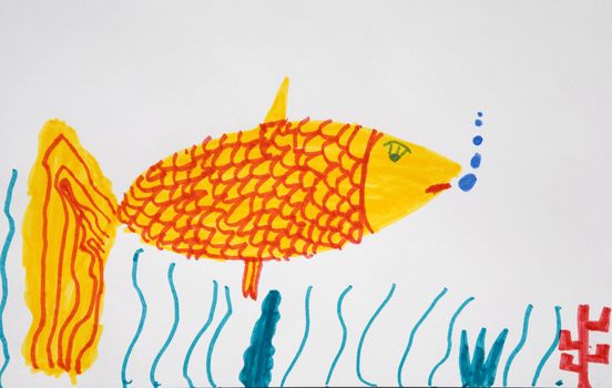 child`s picture. Fish with bubble. White background