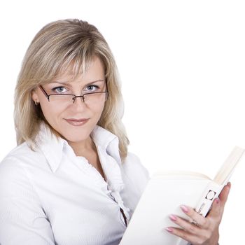 The blonde in eyeglasses with the book