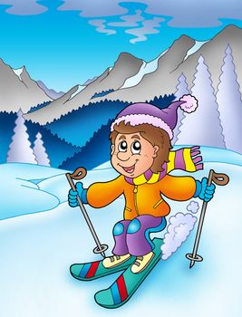 Skiing boy in mountains - color illustration.