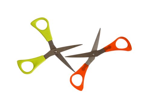pair of red and green scissors. White background