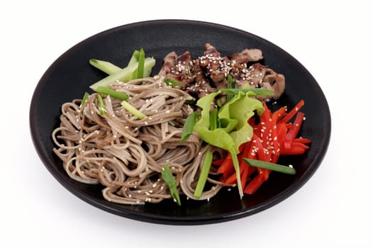 Rice noodles with meat, sweet pepper and green onions