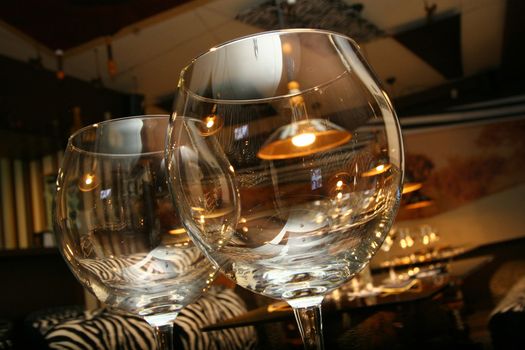 Two crystal glasses on a table at restaurant