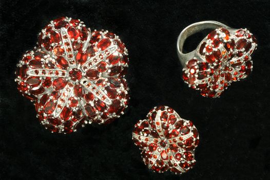 
Pomegranates in silver on a black velvet