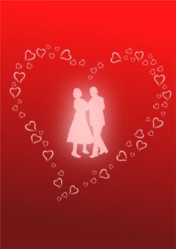A pair of lovers dancing as glowing silhouettes against a red and black flourish background.