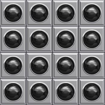 seamless texture of glossy black balls in metallic boxes