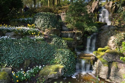 Waterfall with springflowers in park on sunny day in spring