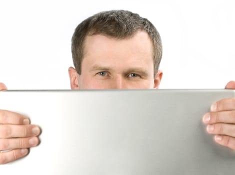 Smart man look through laptop, white background