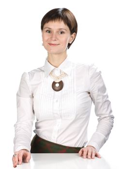 Portrait of young woman on white background