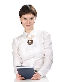 Young women with book on white background