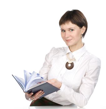 Young women with book on white background