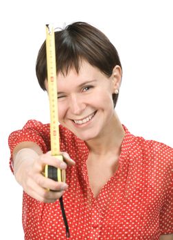 Young women with tape measure on white background