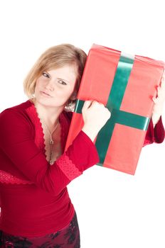 Happy woman with Christmas presents isolated on white