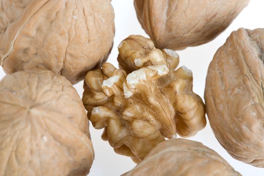 Crushed walnut on white background