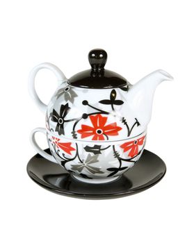 Ornate ceramic teapot with cup set. With clipping path.