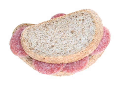 Sandwich with salami isolated on white. Clipping path.