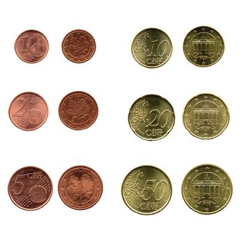 Full range of Euro coins isolated on white