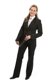 Businesswoman with laptop holding in hand on white background