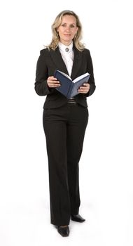 Businesswoman with book holding in hand on white background