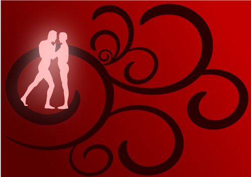 A pair of lovers dancing as glowing silhouettes against a red and black flourish background.