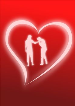 A silhouette of a man kissing a woman’s hand framed in an abstract heart.